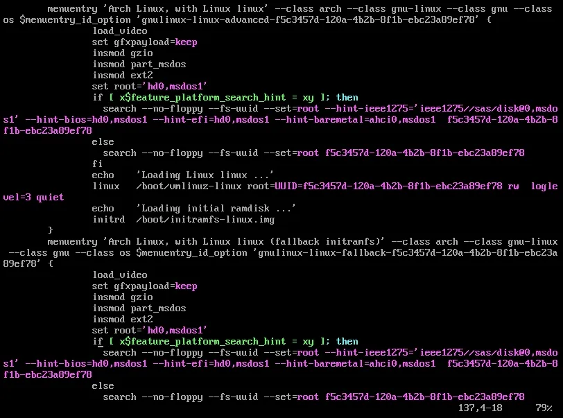 GRUB config showing ArchLinux menuentry