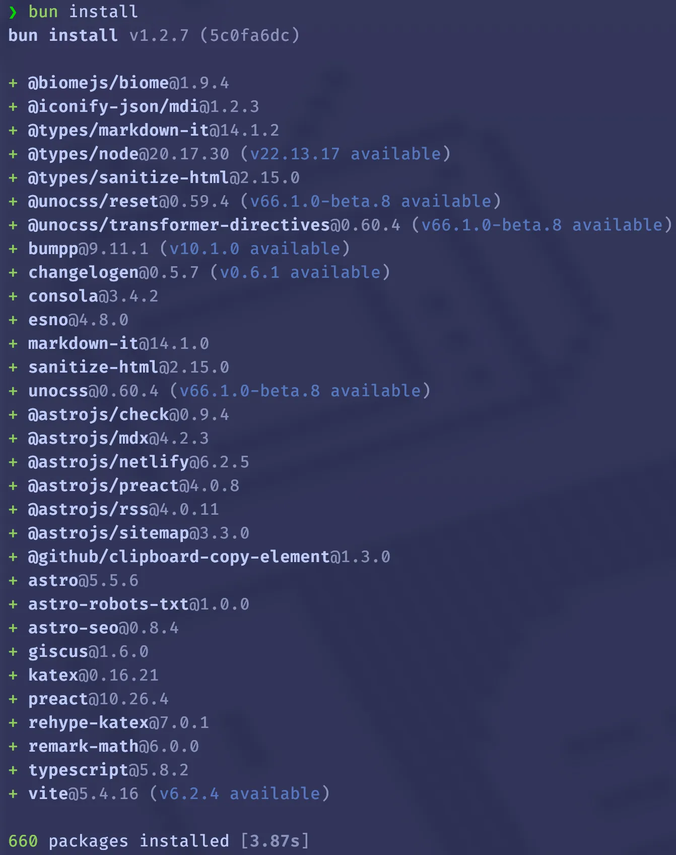 Output snippet from the bun install command